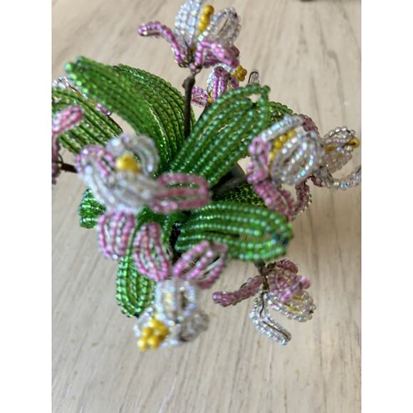Vintage Handmade French Seed Beaded Flower Floral Bouquet Asian longevity Cup - Picture 11 of 13